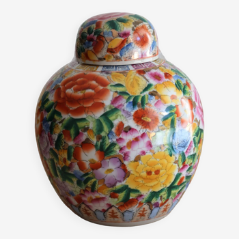 Grand pot à gingembre chinois avec couvercle en porcelaine multicolore