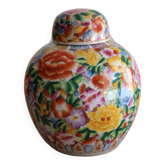 Large Chinese ginger jar with multi-colored porcelain lid