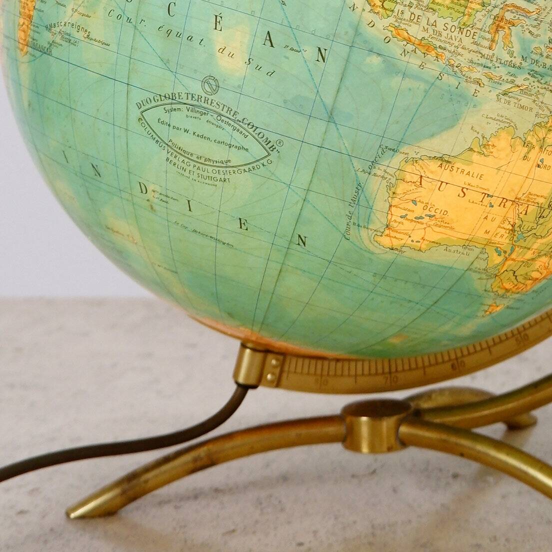 Glass & brass luminous world map by Paul Oestergaard for Colombus Verlag - 1950s