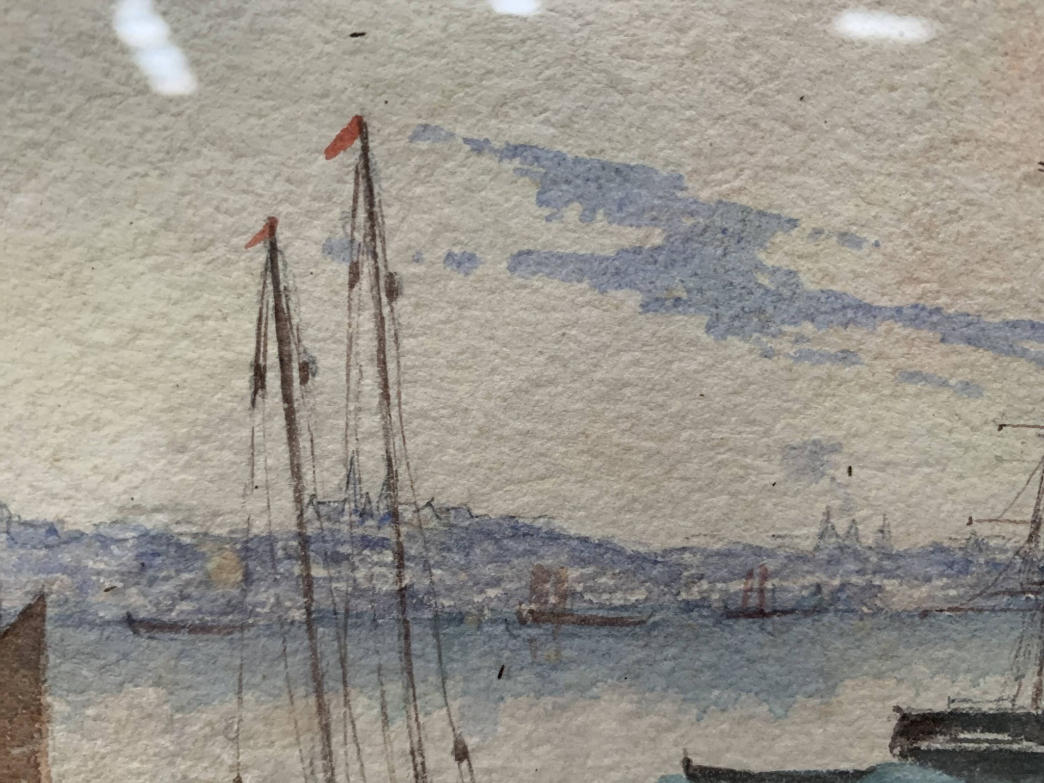 Marine watercolor "Sailboat at sea and stranded on the beach" 20th century
