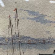 Marine watercolor "Sailboat at sea and stranded on the beach" 20th century