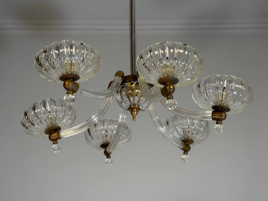 Lustre vénitien en verre de Murano et laiton, vers 1950