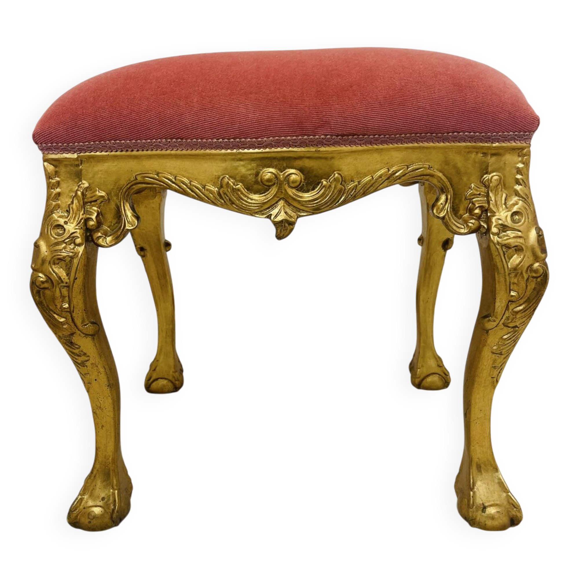 Louis XV Rococo style stool in gilded wood – pink seat – 20th century