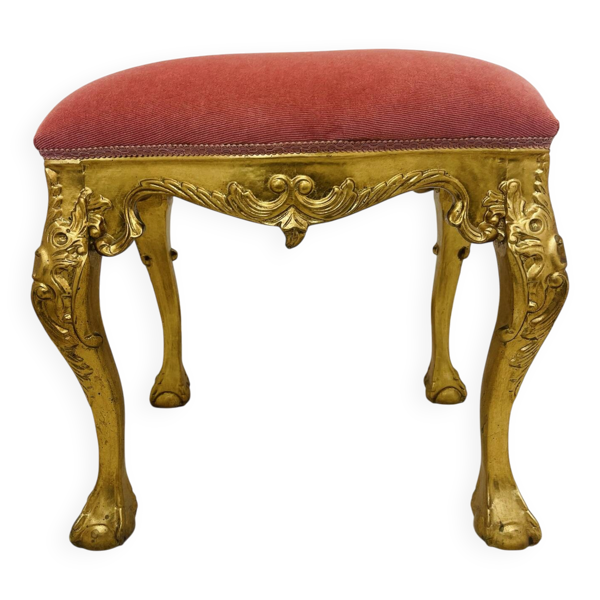 Tabouret style Louis XV rococo en bois doré – assise rose – XXe siècle