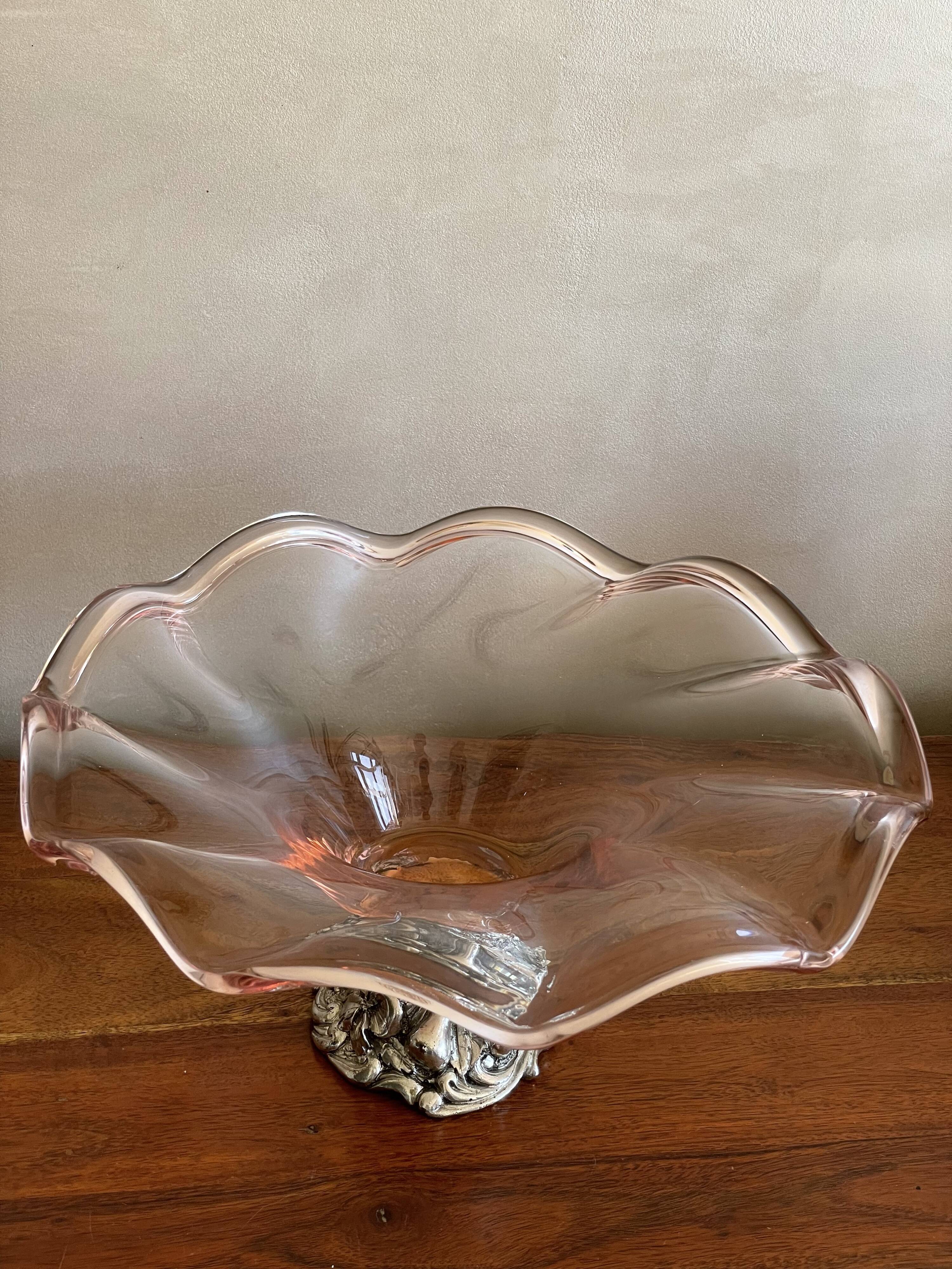 Pink blown glass cup on foot grape decoration
