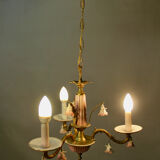 Italian chandelier in bronze and flowers in porcelain with his 2 appliques
