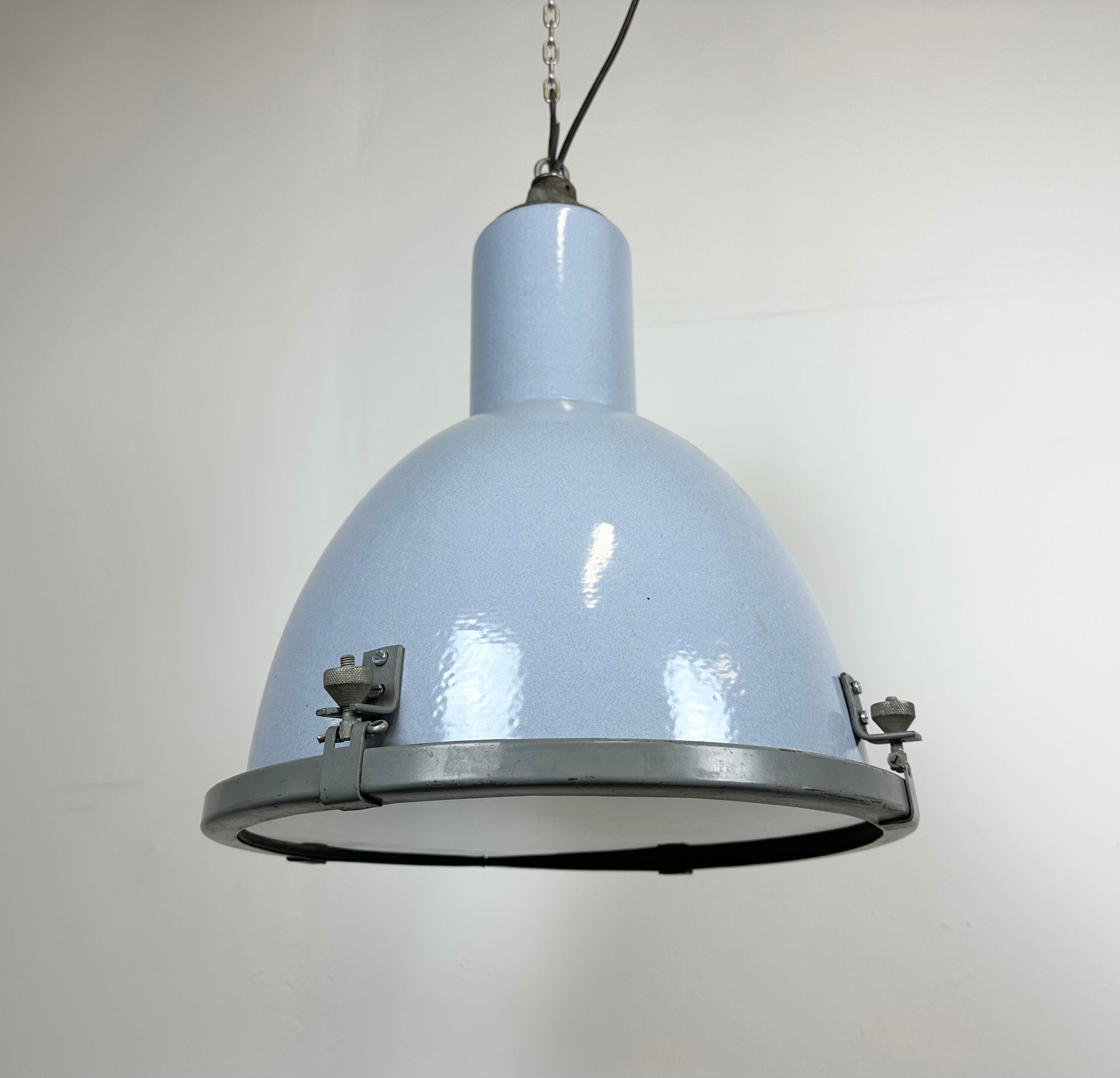 Bauhaus grey enamel industrial pendant lamp with glass cover, 1950s