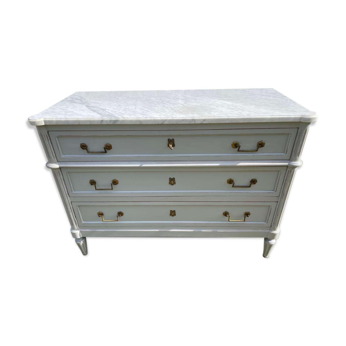 Louis XVI style chest of drawers in versailles grey patinated mahogany with white marble