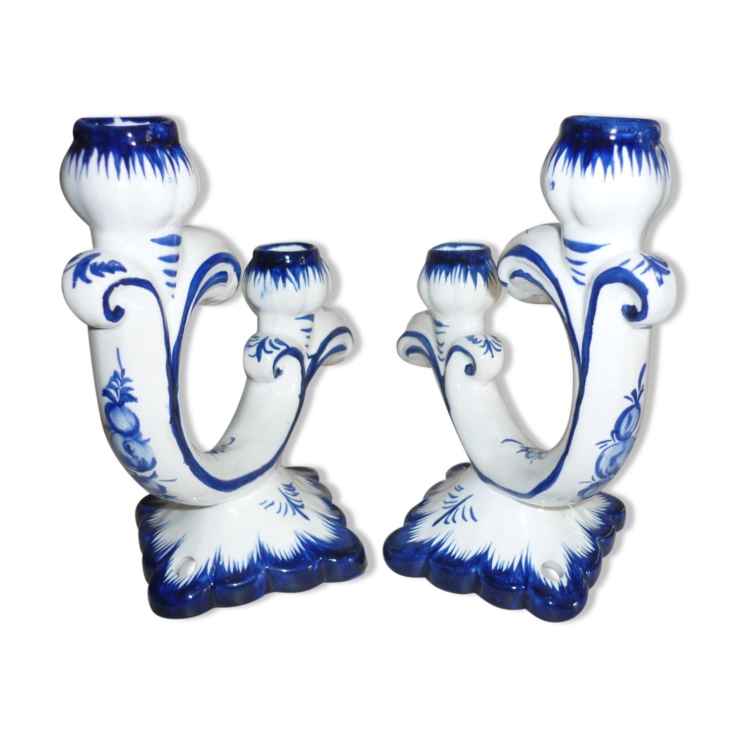 Pair of 2-pointed ceramic candlesticks from Portugal