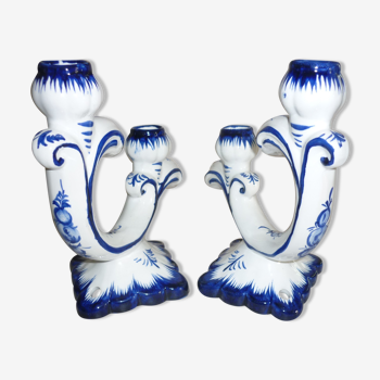 Pair of 2-pointed ceramic candlesticks from Portugal