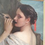 Superb oil on wood panel of a flute player by Firmin Gauthier.