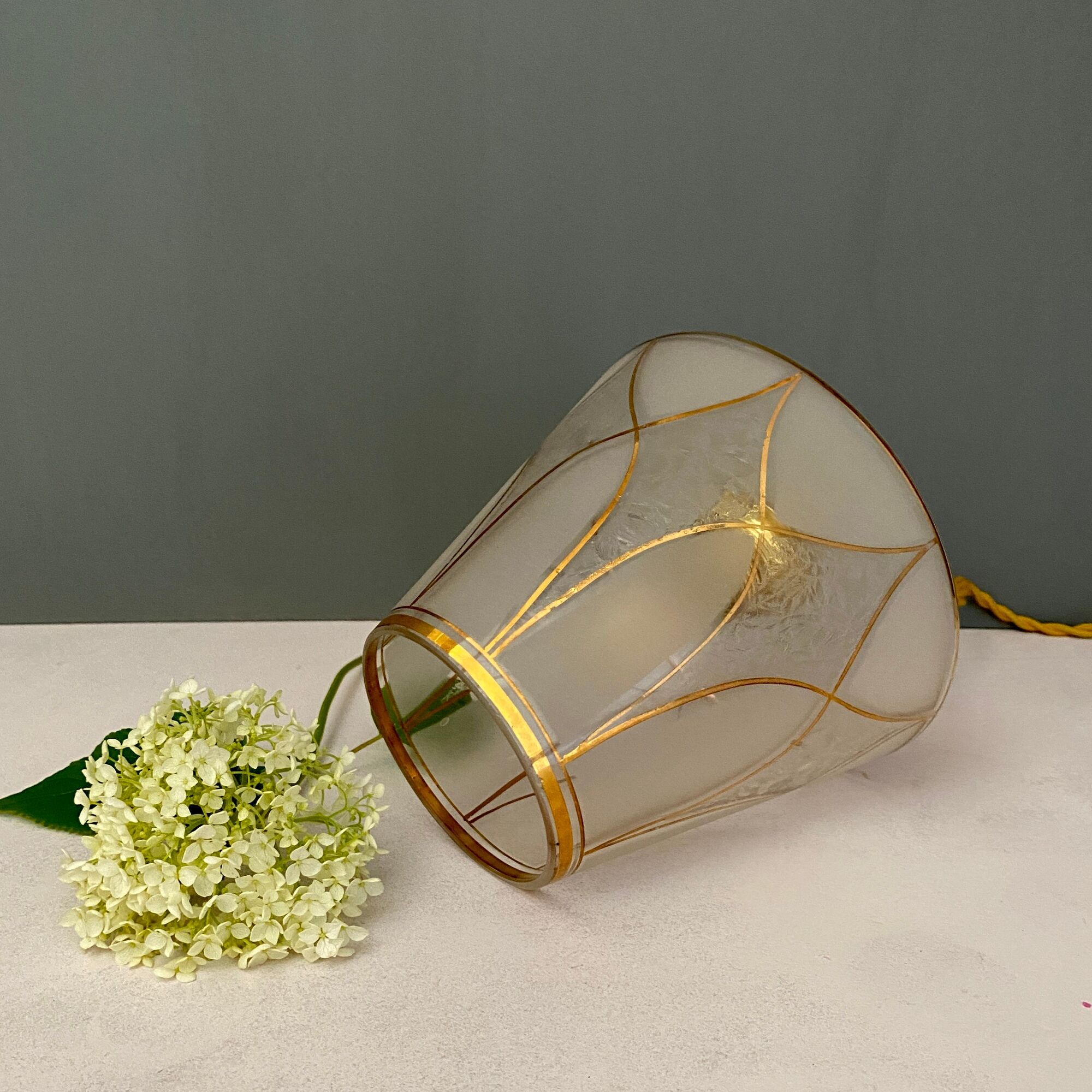 Vintage art deco tulip walker in white and golden frosted glass