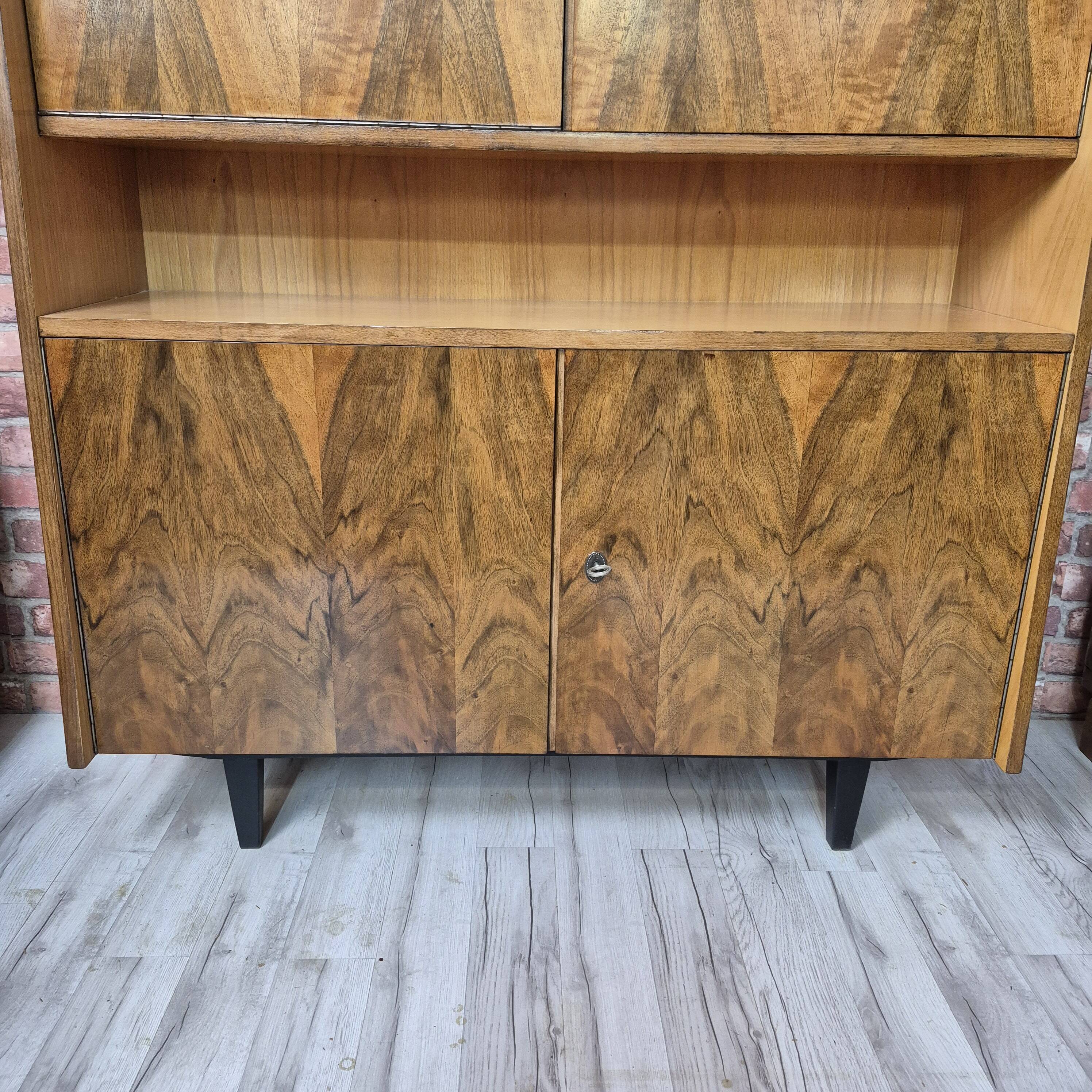 Restored Mid-Century Tapered Highboard Bar Cabinet  in Walnut & Mahogany