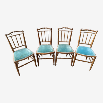 Lot de 4 chaises anciennes en bois  avec assise en velours bleu