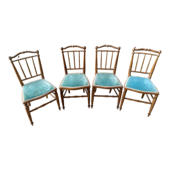 Set of 4 antique wooden chairs with blue velvet seat
