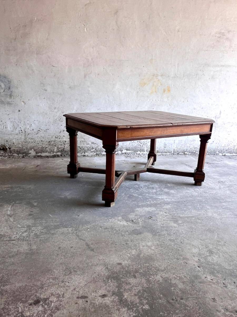 Dark brown solid wood French neo-renaissance square dining table with cross base