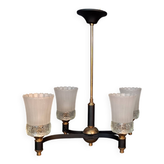 4-branch chandelier in black metal and gilded brass Maison Arlus 1960.