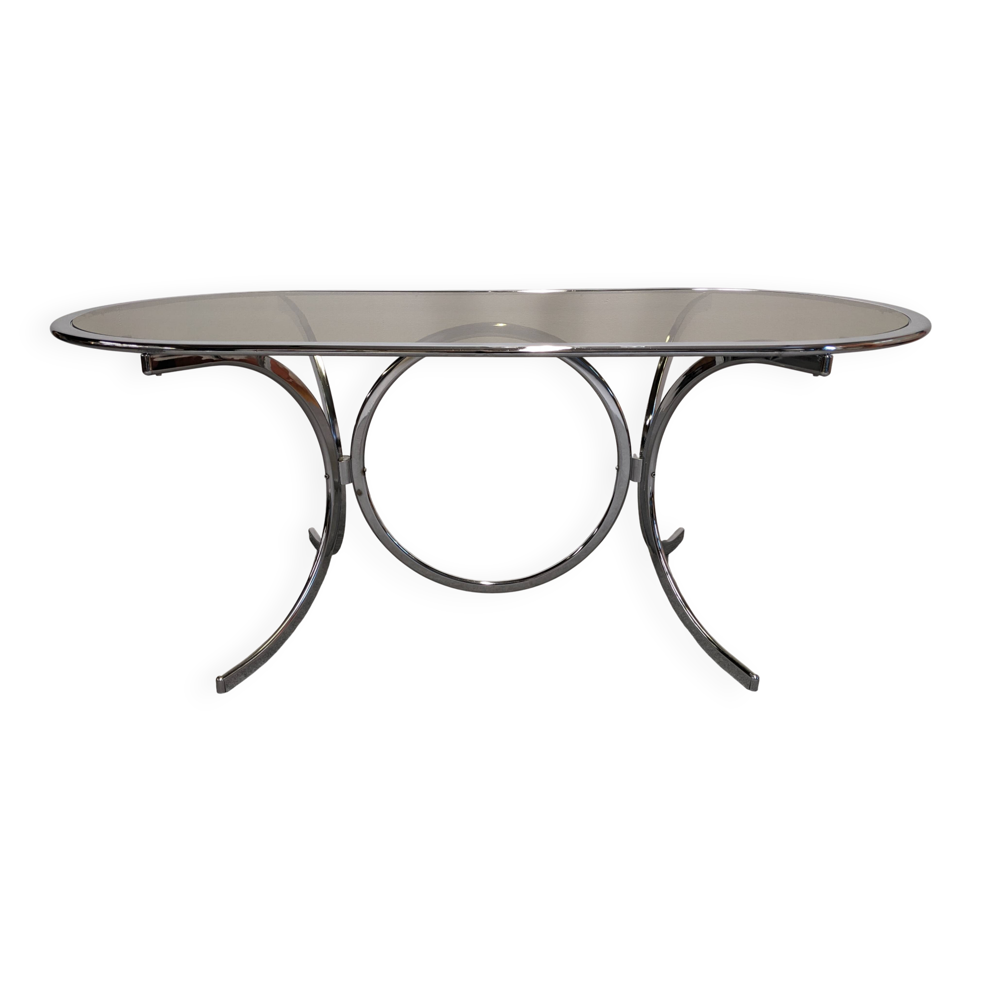 Chrome metal and smoked glass dining table, Italy circa 1970.