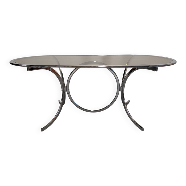 Table de salle à manger en métal chromé et verre fumé, Italie vers 1970