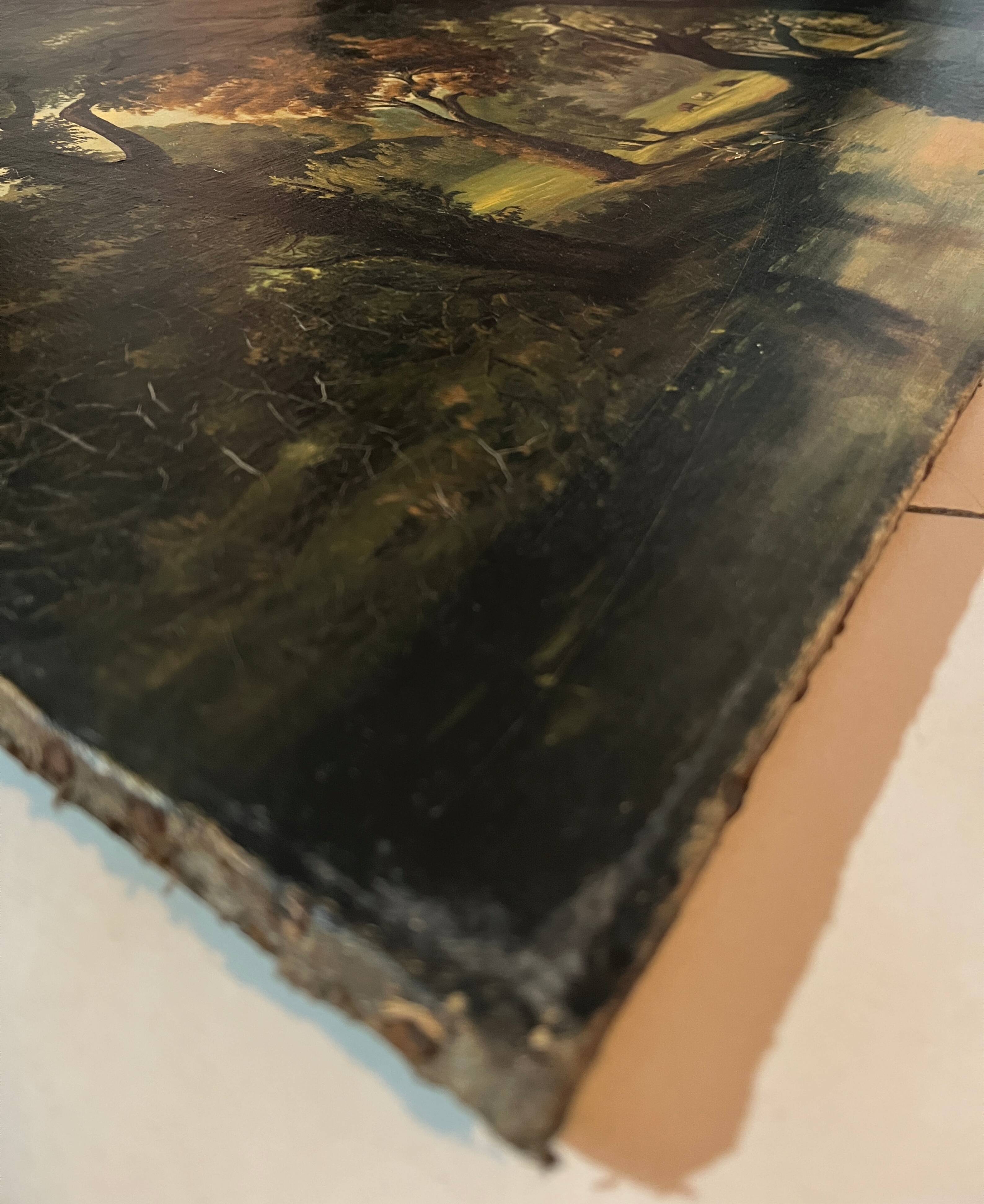 Tableau HST "Paysage pastoral animé vaches et couple" landscape XIX° siècle