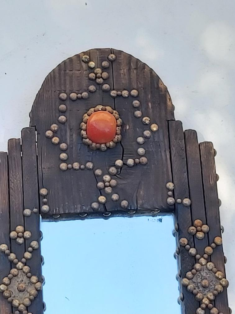 Ancient brutalist oriental wooden mirror 23x53cm