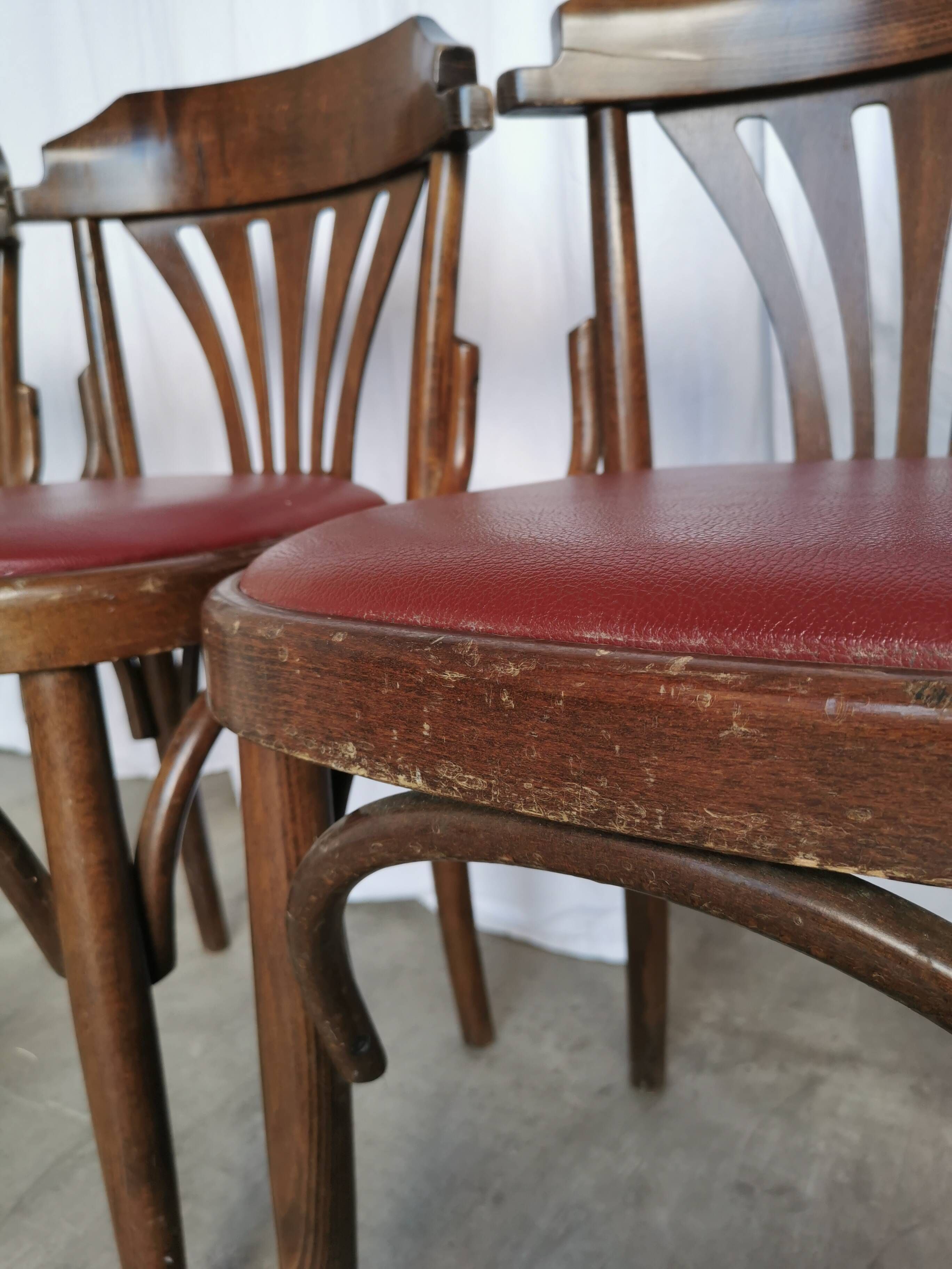 Vintage Bentwood Dining Chairs - Thonet Style - Red Faux Leather - Set of 4