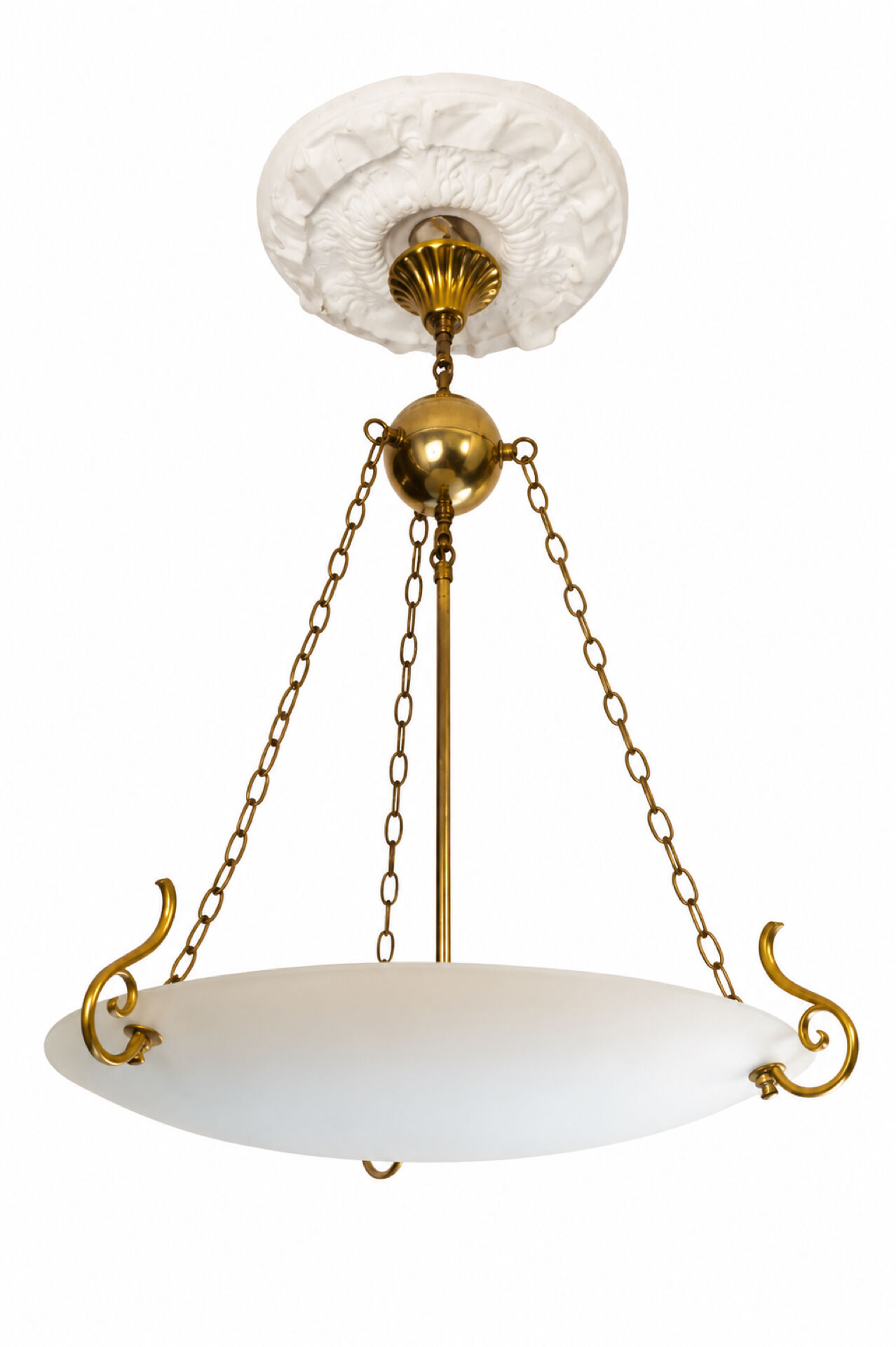 Suspension in brass and satin opal glass, 3 lights, classic style