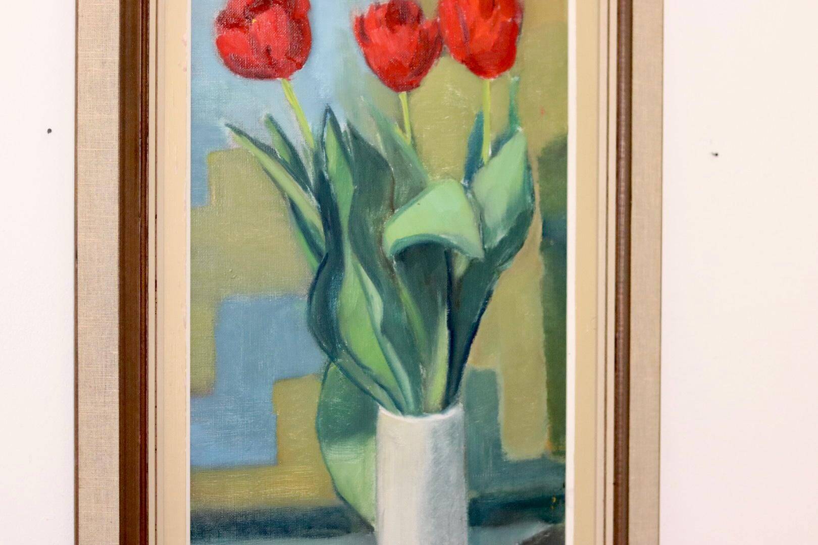 1970's Large Swedish Mid-Century Oil On Board Painting" Still life Tulips " by Hugo Olsson