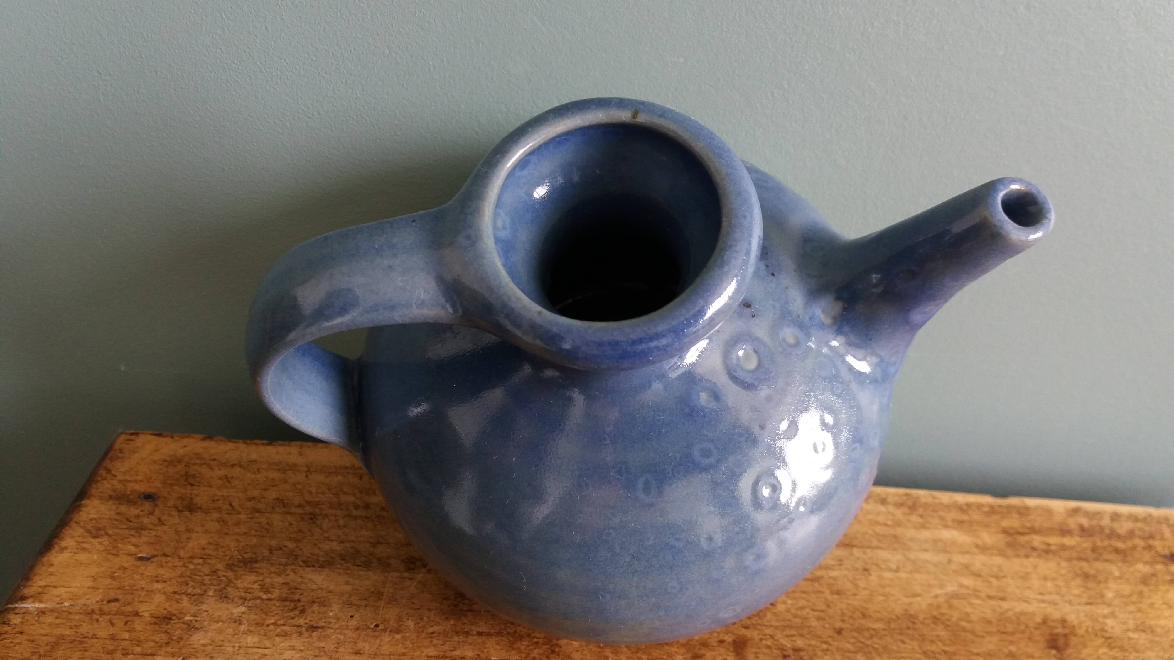 Blue glazed ceramic teapot signed
