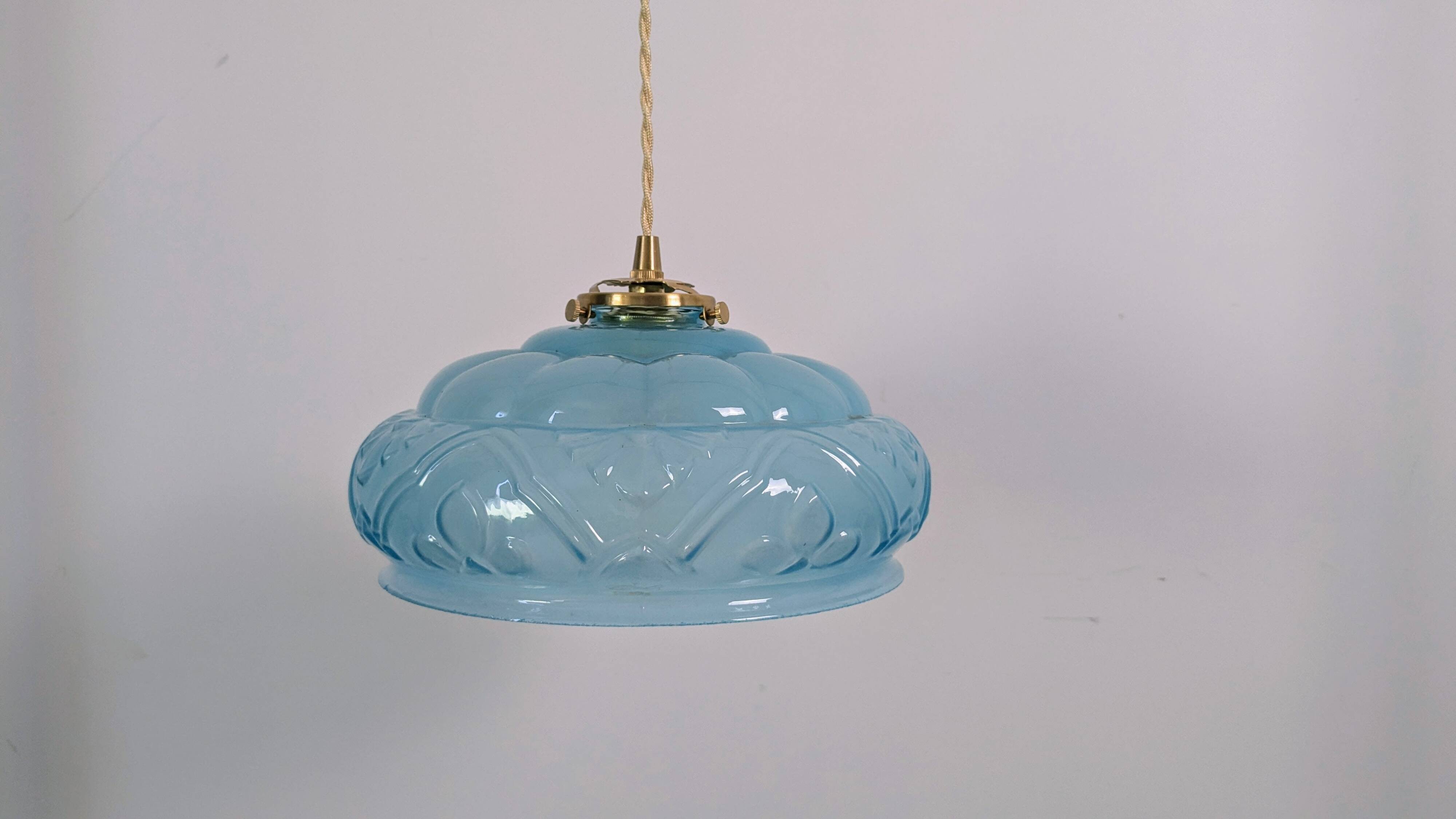 Art Deco pendant light in blue glass and brass