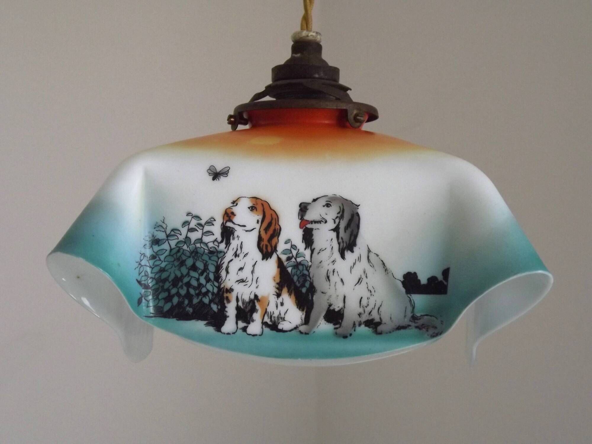Rare French Art Deco Pendant Light | Illustrated Dog Countryside Shade