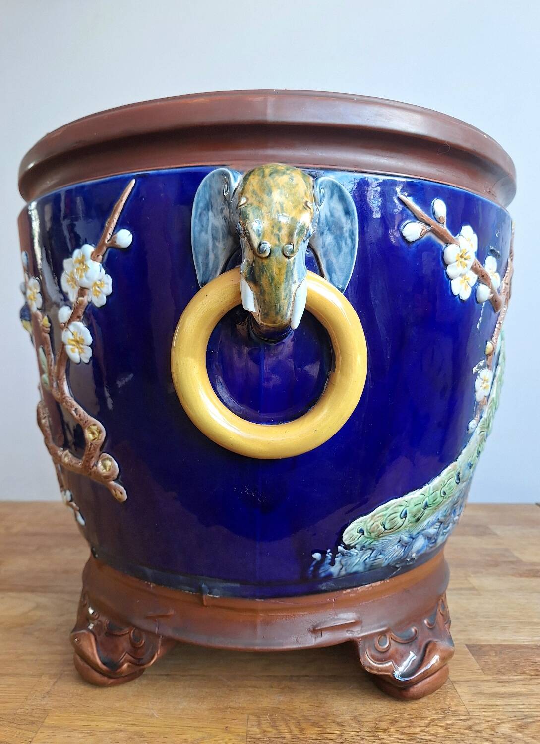 Large antique majolica cache pot, planter by Joseph Holdcroft.