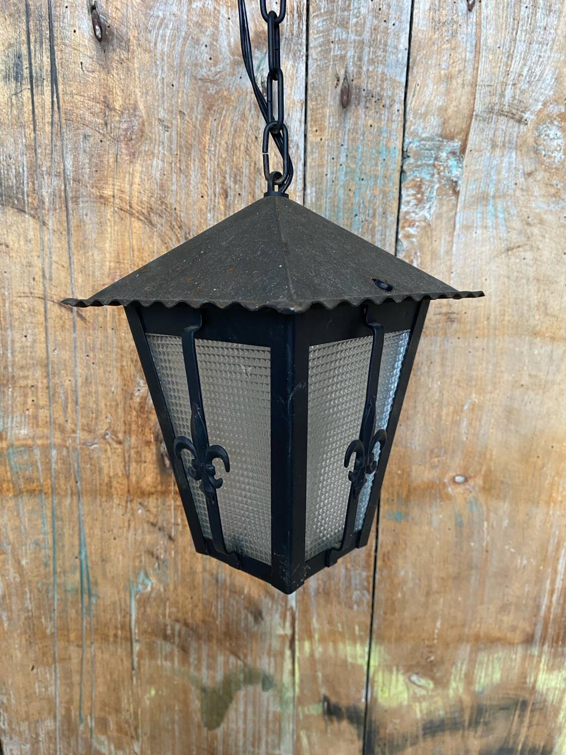 Antique black metal lantern pendant + glass fleur de lys decor vintage