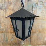 Antique black metal lantern pendant + glass fleur de lys decor vintage
