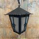 Antique black metal lantern pendant + glass fleur de lys decor vintage