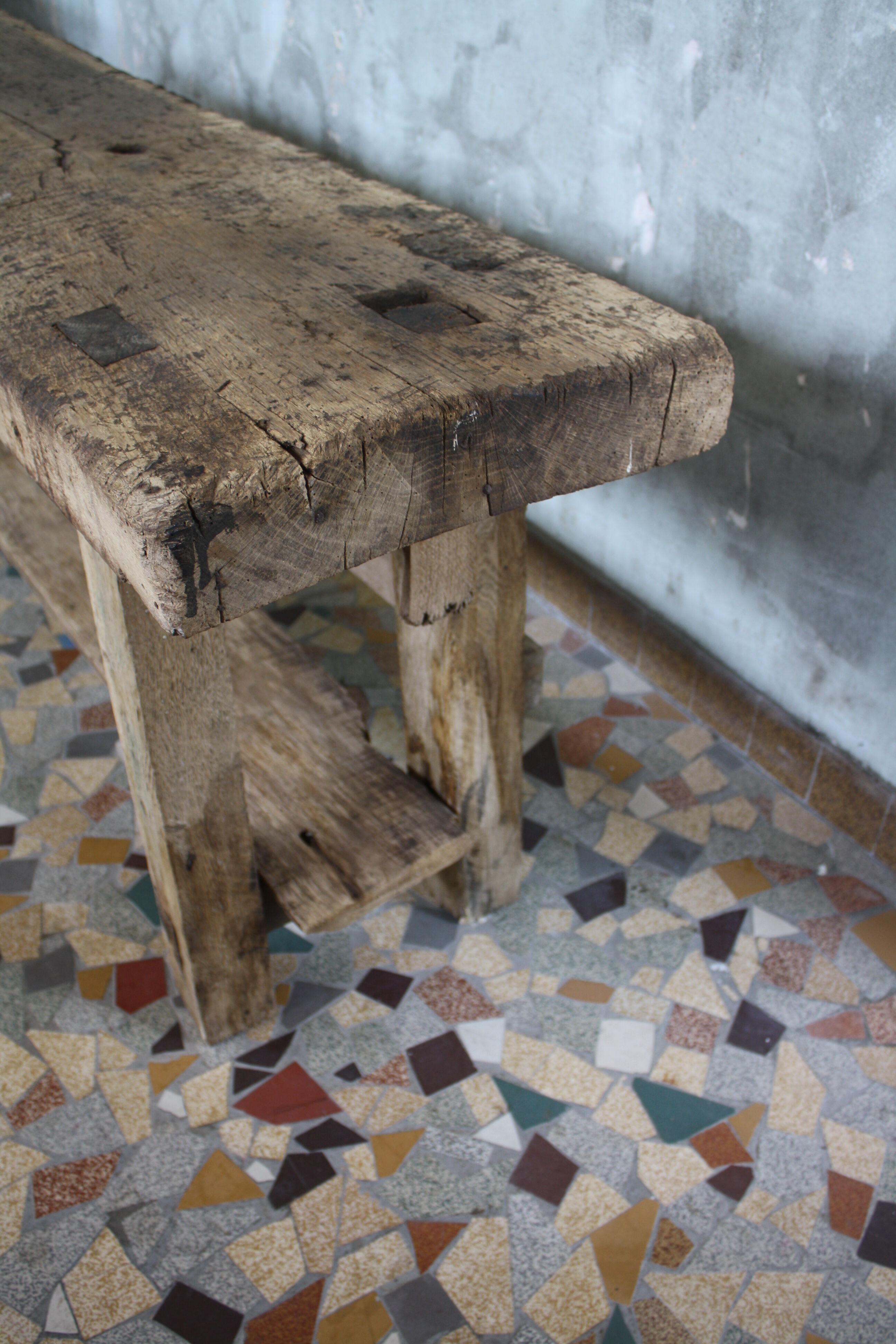 Ancient workbench in raw wood