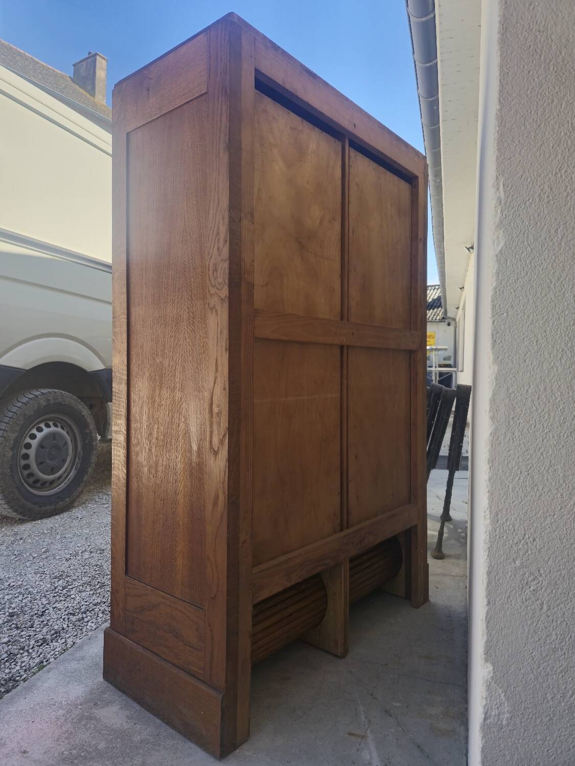 Antique 1950s double sliding door filing cabinet with curtains