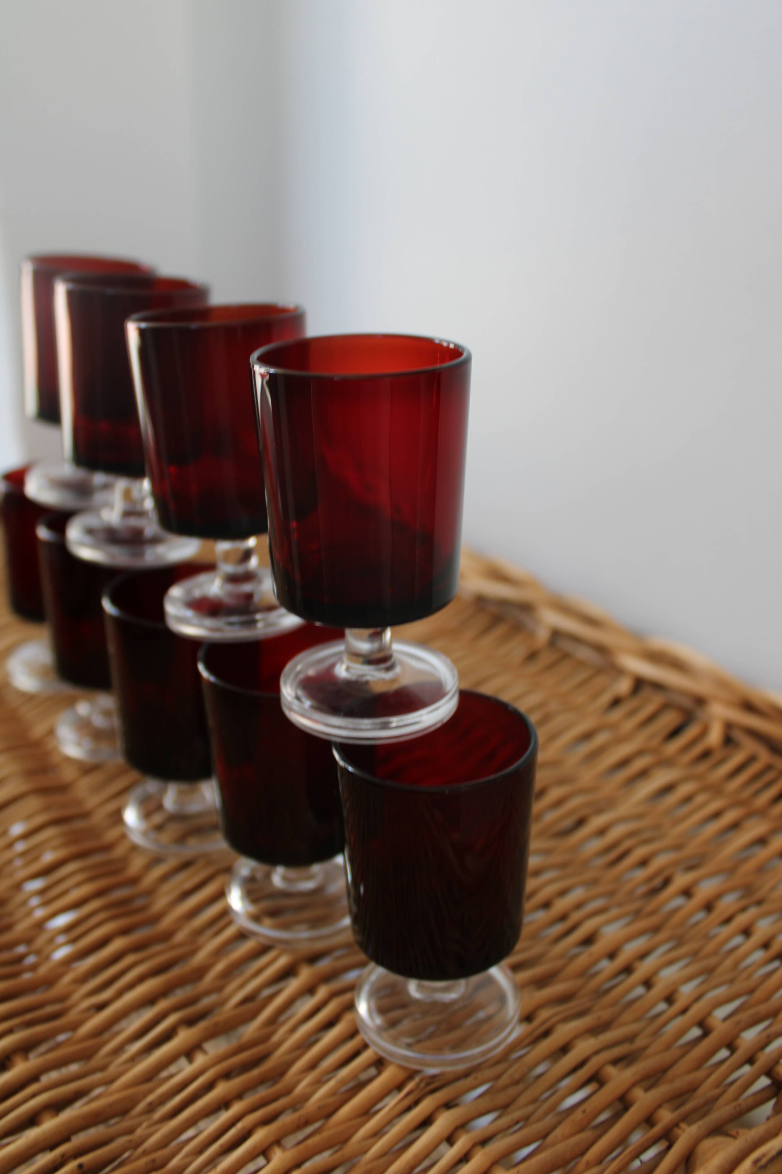 9 Luminarc red liquor glasses
