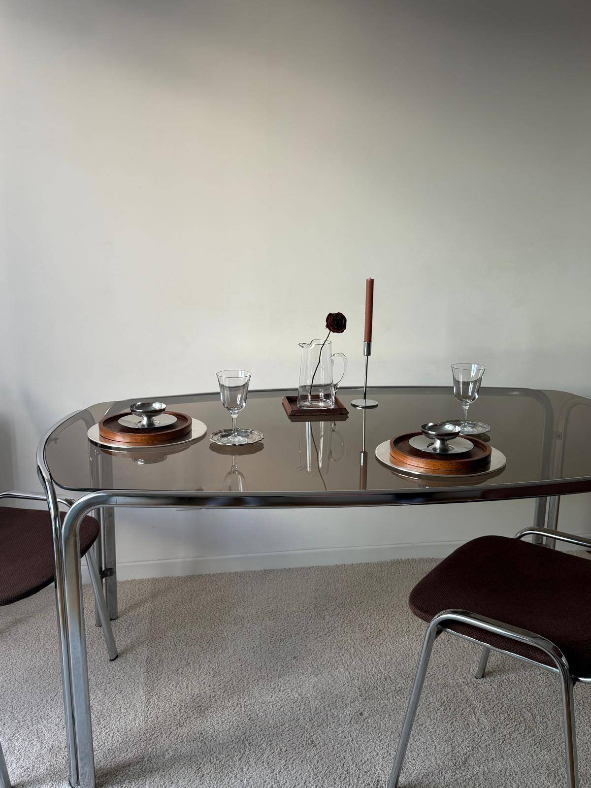 Space age dining table in smoked glass & chrome