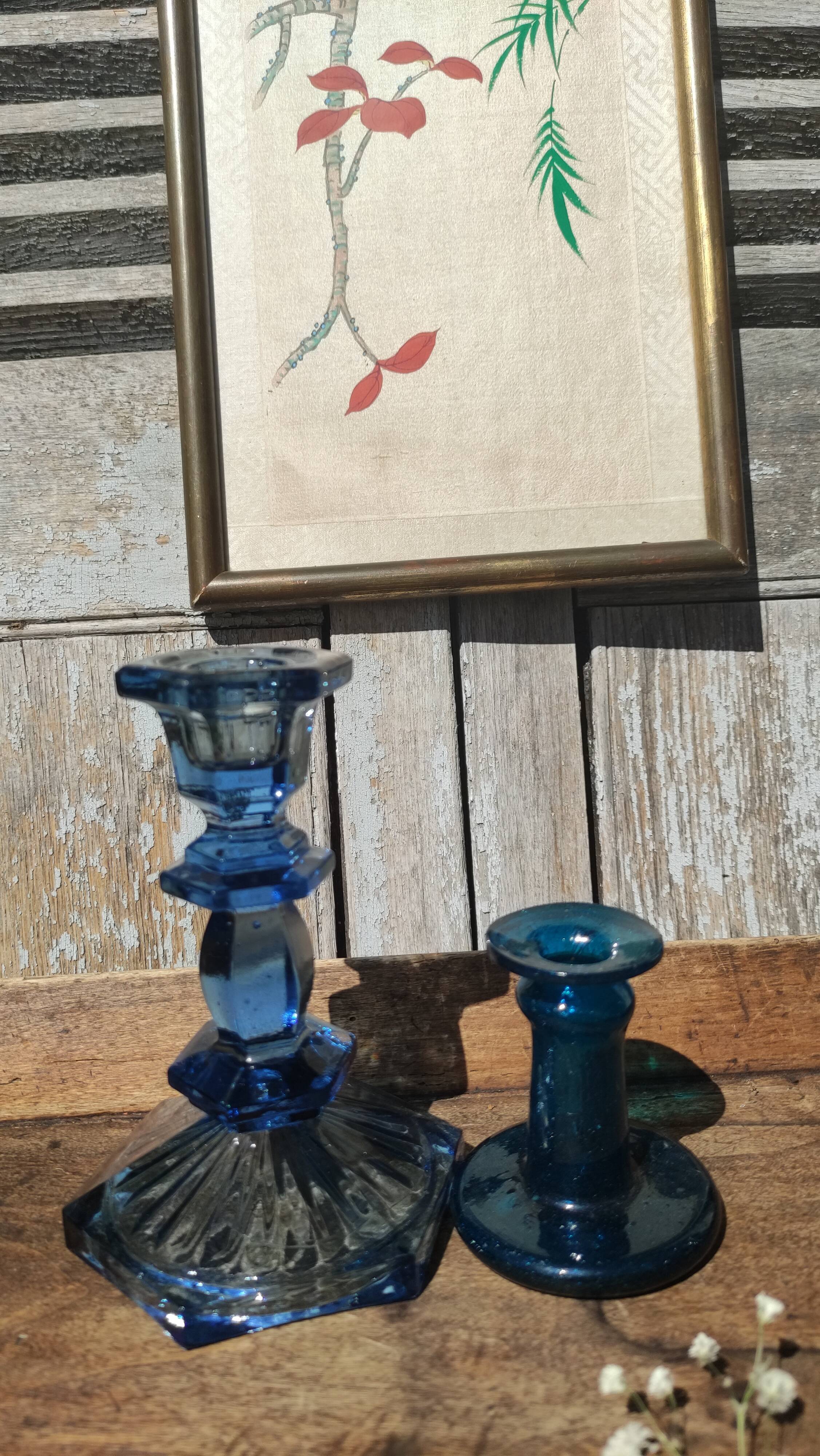 Bougeoirs vintages en verre épais bleu et turquoise