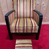 Art Deco armchair in multicolored striped fabric and its footrest
