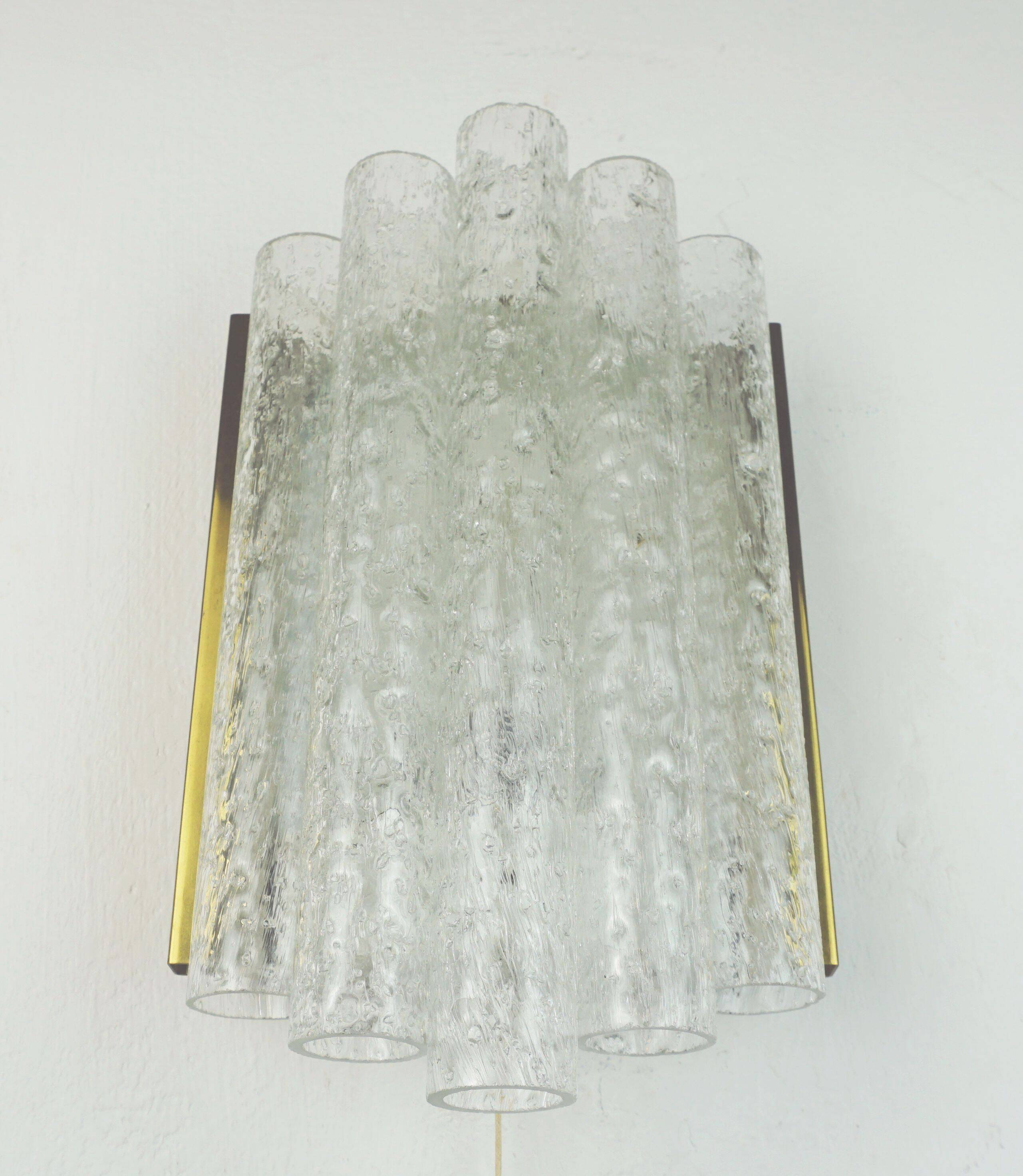 Applique murale doria avec 5 tubes en verre, lampe en verre glacé des années 1960, 2 disponibles