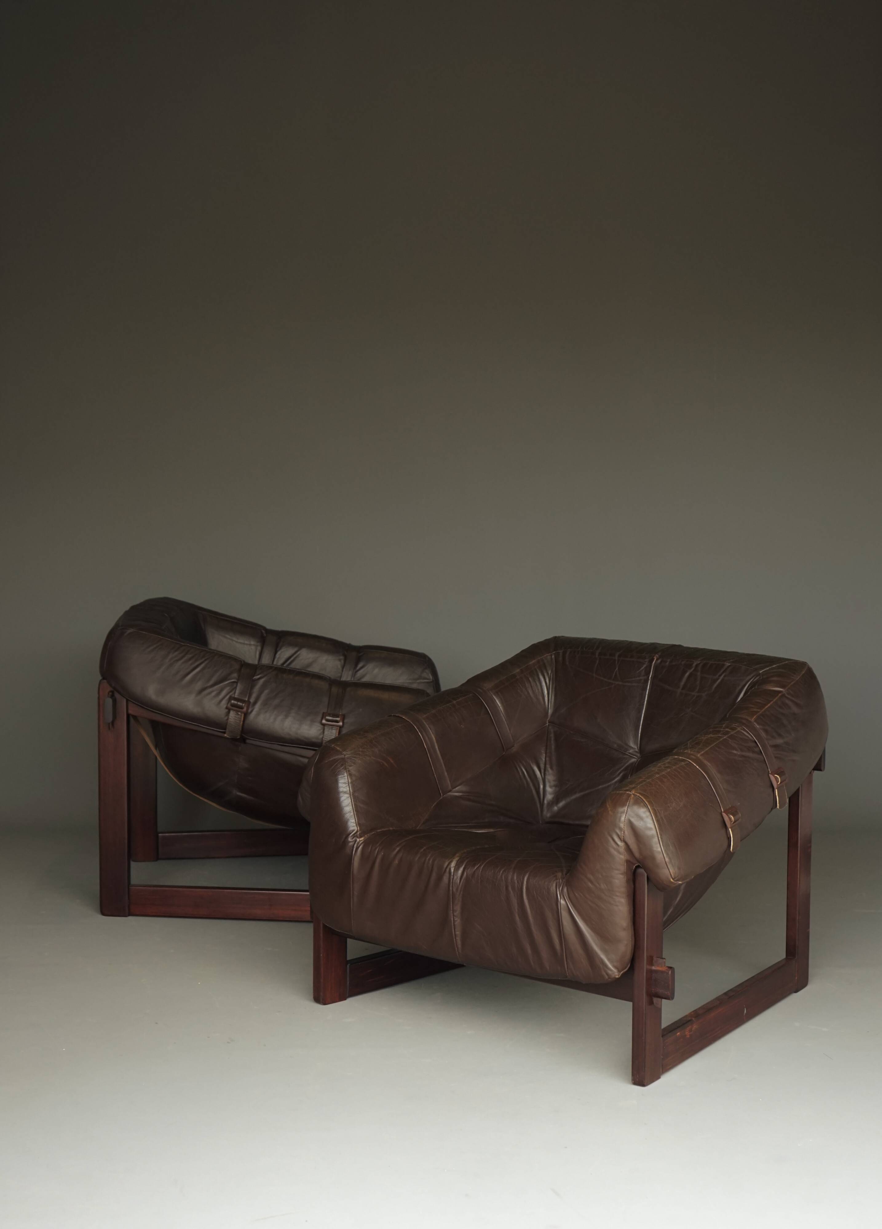 Rare pair of model MP-91 leather lounge chairs by Percival Lafer
