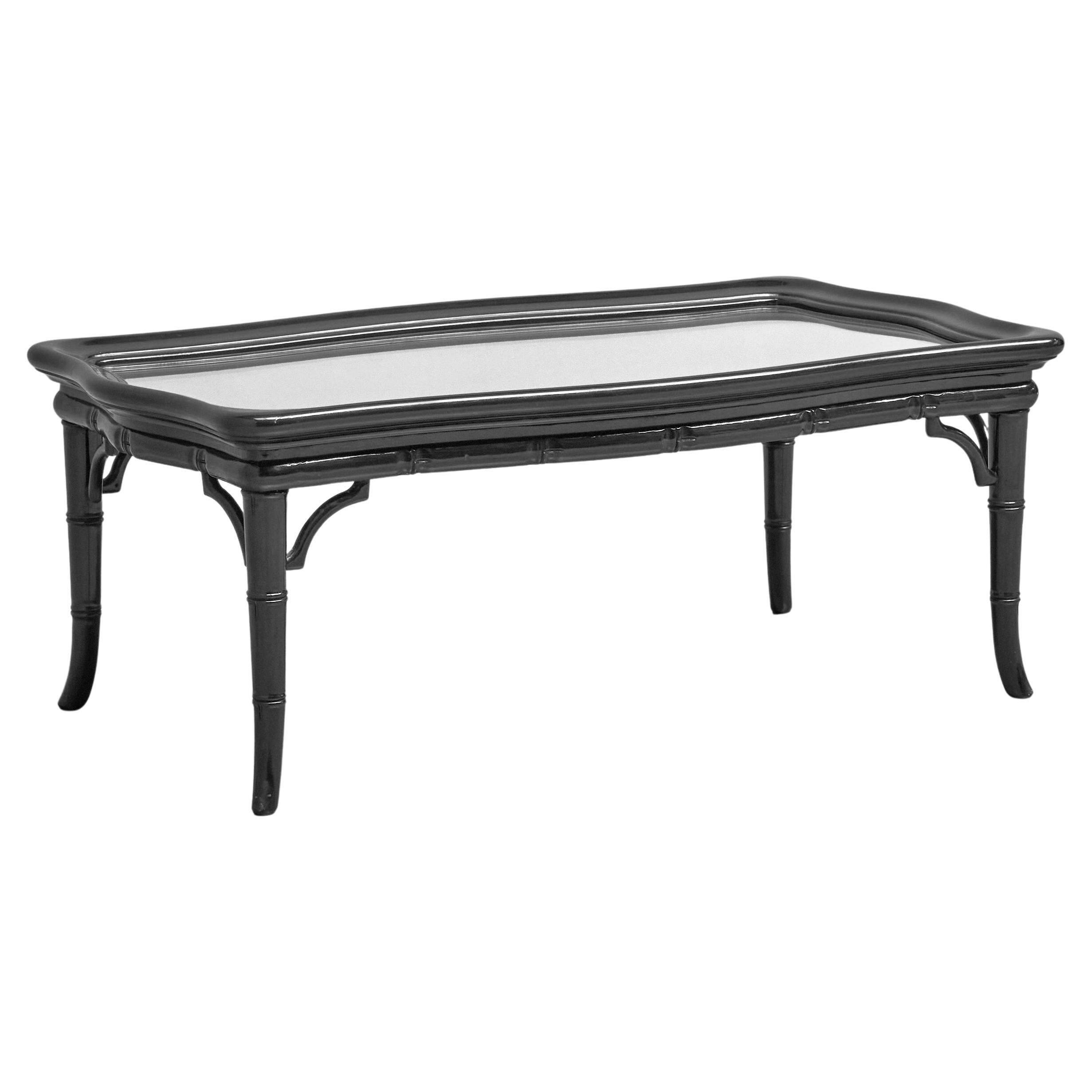 Coffee table in artificial bamboo, black lacquered wood and glass, 1960s.