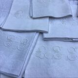 Set of 12 vintage white napkins with lilacs, monogrammed GSS.