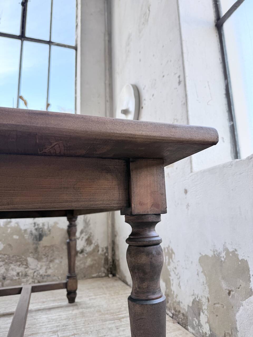 Farm table with turned legs, made of pine and birch, 180cm.