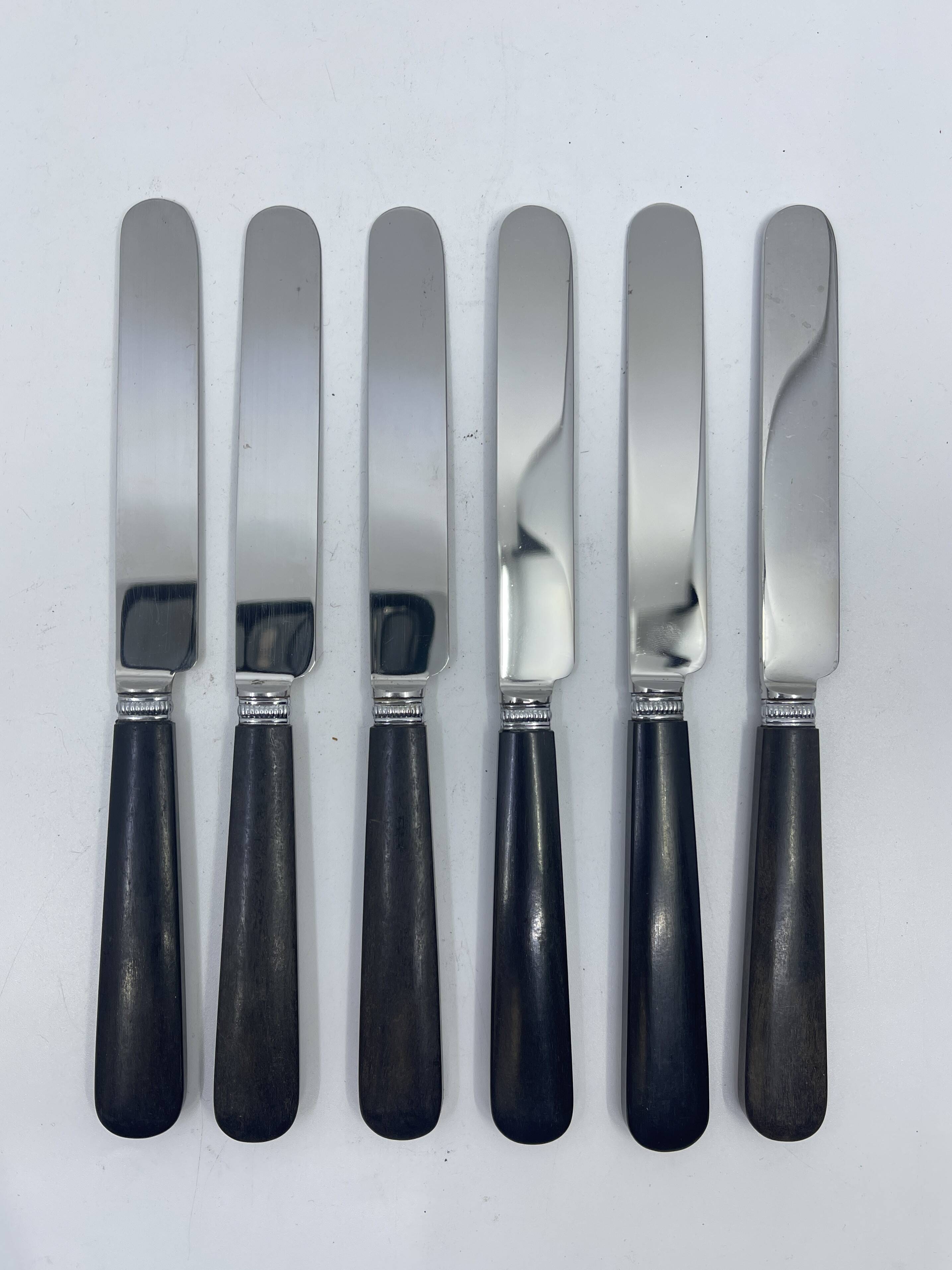 Set of 6 round-tipped dessert knives with dark wood, Nilox blade.