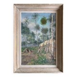 Tableau hst "forêt avec cabane" bucheron sylviculture début xx°