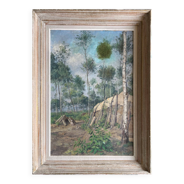 Tableau hst "forest with cabin" lumberjack forestry early 20th century