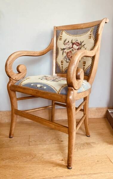 19th century St Empire armchair in pegged blond walnut with cross-stitched tapestries